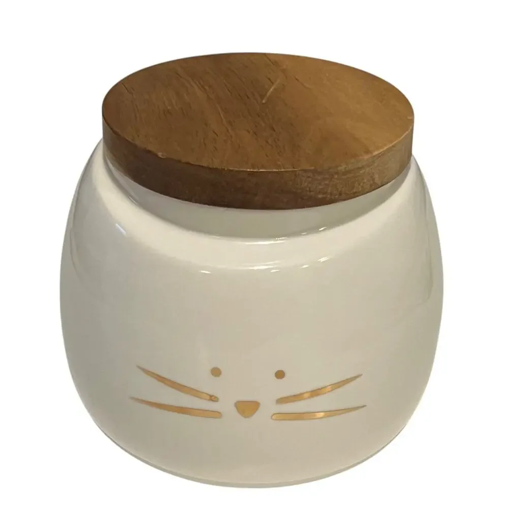 Set of 2 Ceramic Cat Treat Jars Bamboo Lids White Gold Whiskers Pet Canisters